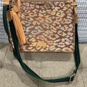 Consuela Leopard Print Crossbody Bag with Tan and Gold Accents